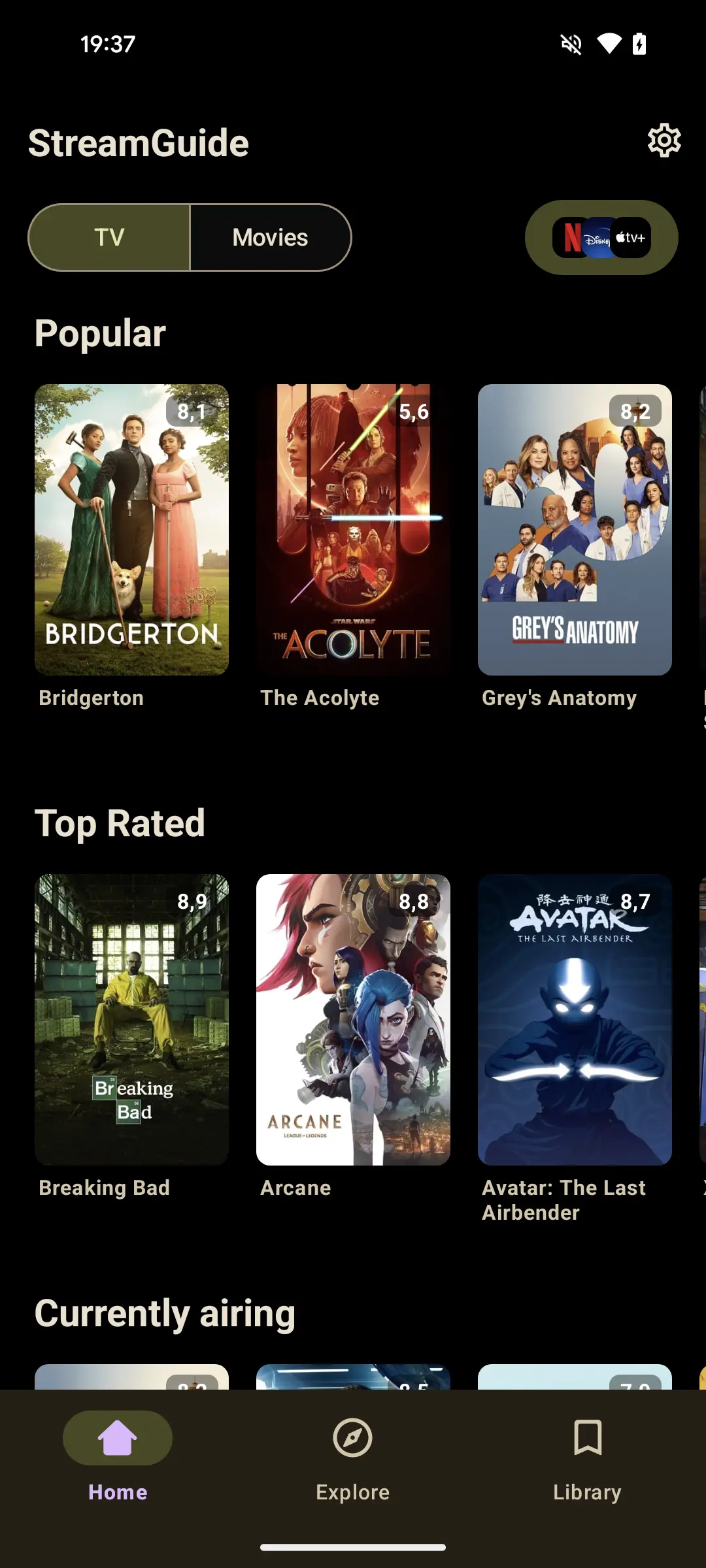 StreamGuide app interface displaying streaming services
