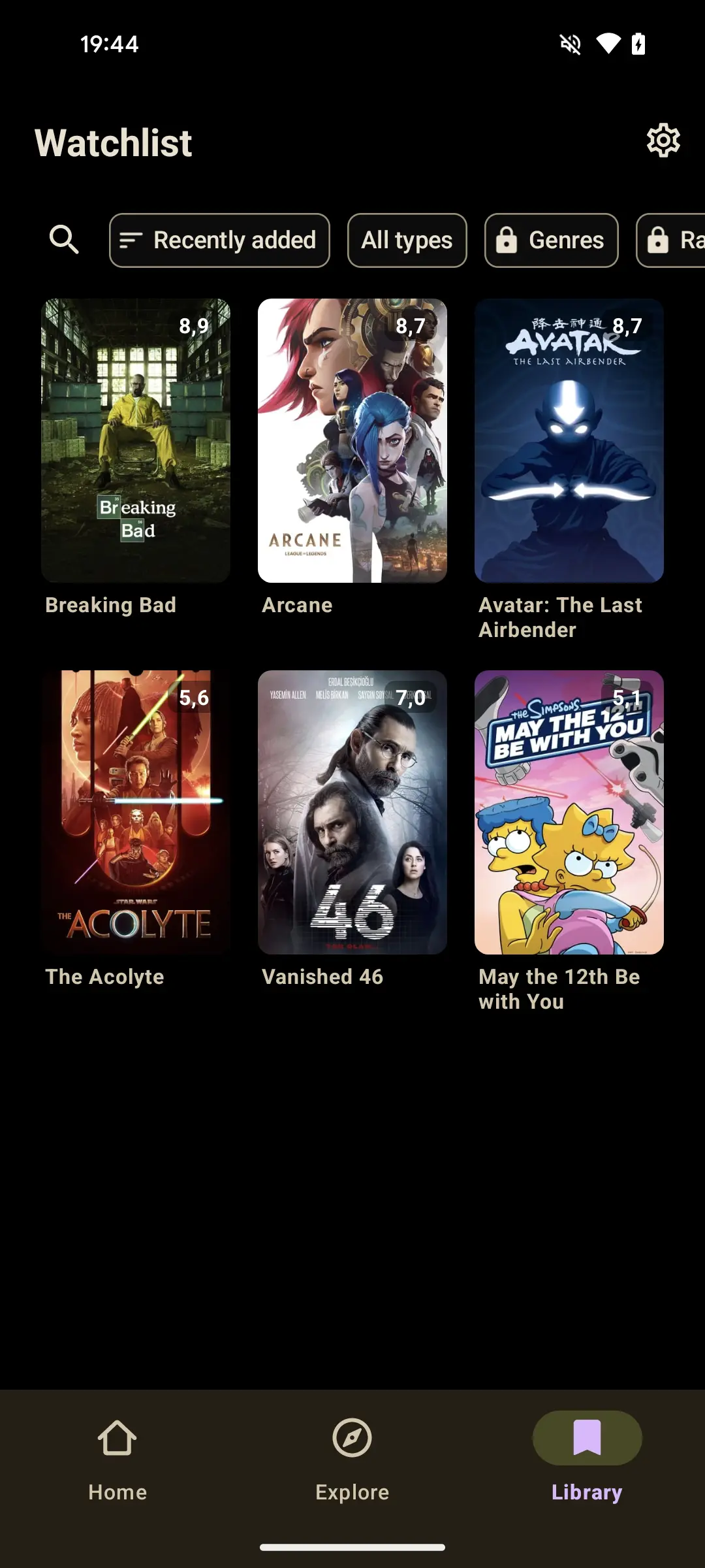 StreamGuide app interface showing custom lists and watchlist
