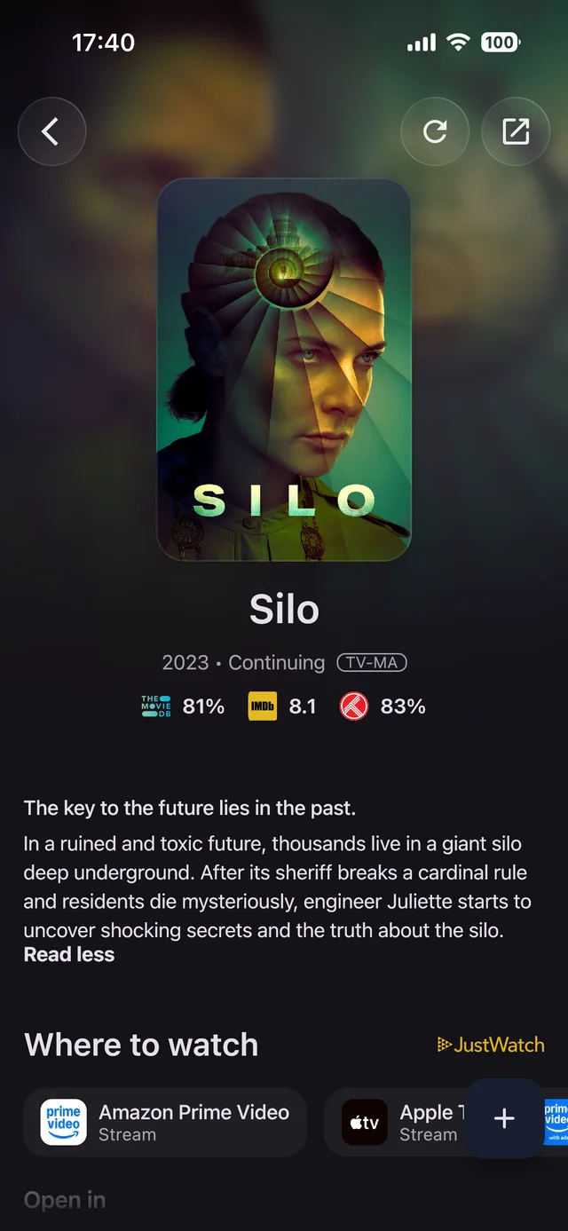StreamGuide details screen for Silo with ratings, plot and where to watch