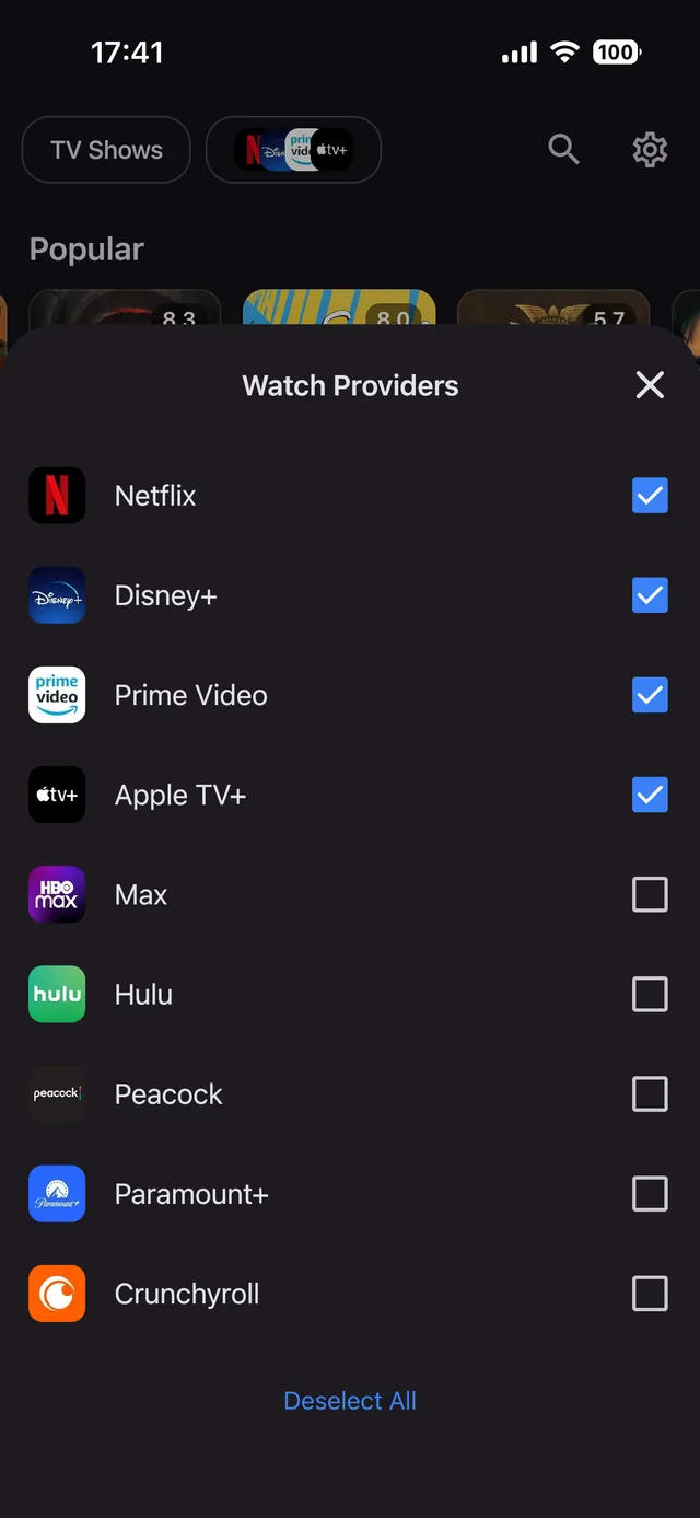 StreamGuide streaming service picker with Netflix, Disney+, Prime Video and Apple TV+ selected