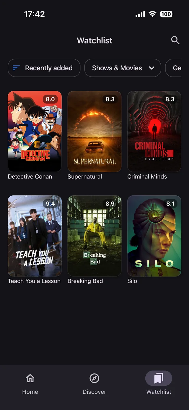 StreamGuide app interface showing custom lists and watchlist